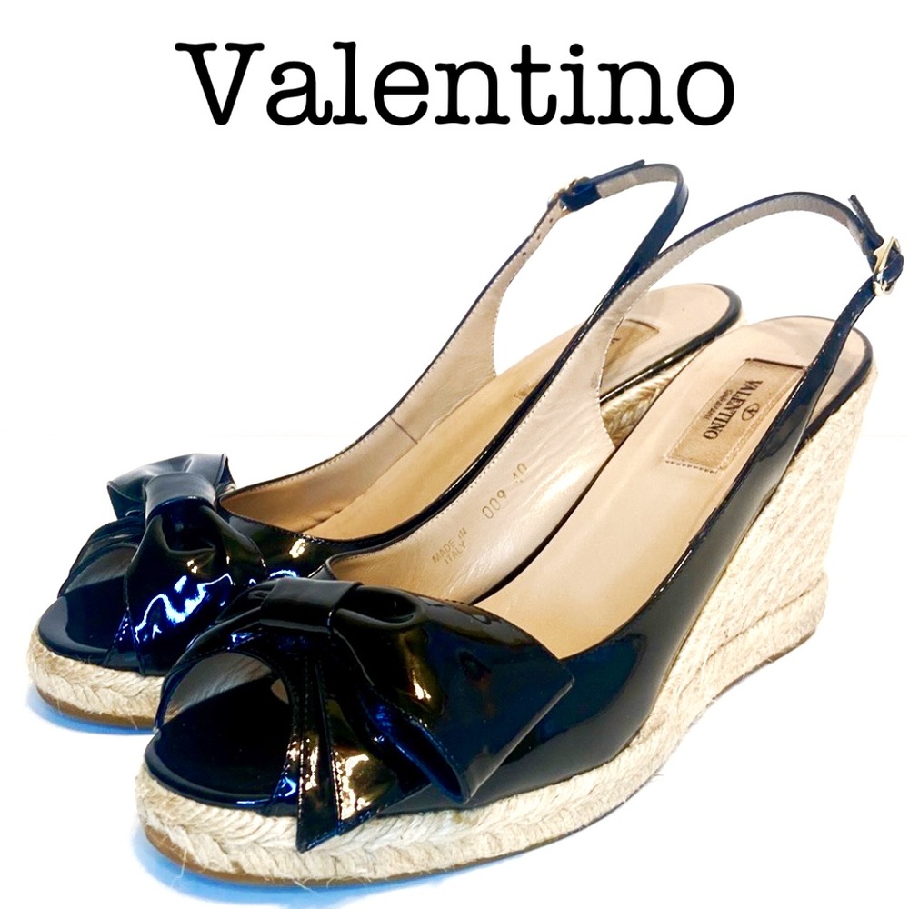 Valentino Garavani Bow Black Patent Leather Wedge Heels Size 40
